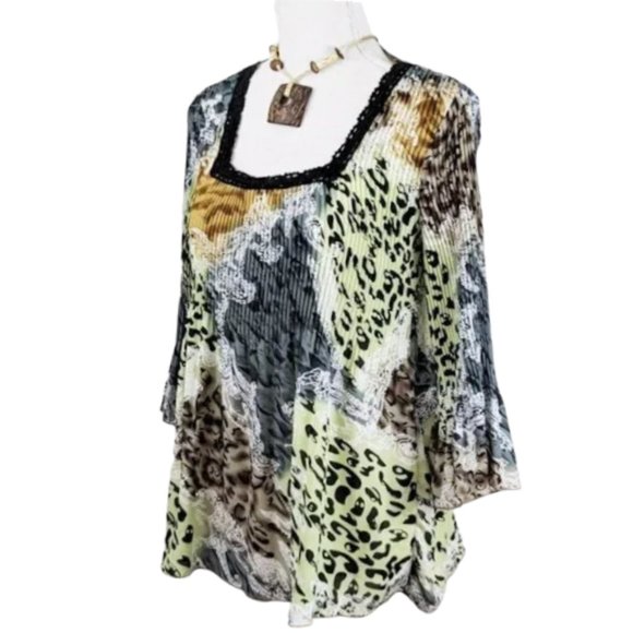 Plisse Tops - 90s Y2K Bell Sleeve Animal Print Blouse Multicolor  S